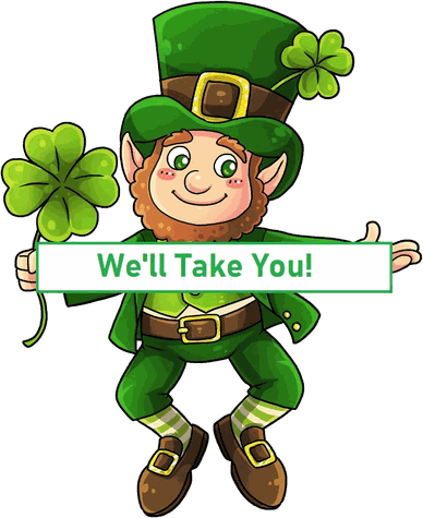 O'Connell's Transport mascot: a smiling leprechaun holding a four-leaf clover and a sign that says We'll Take You!